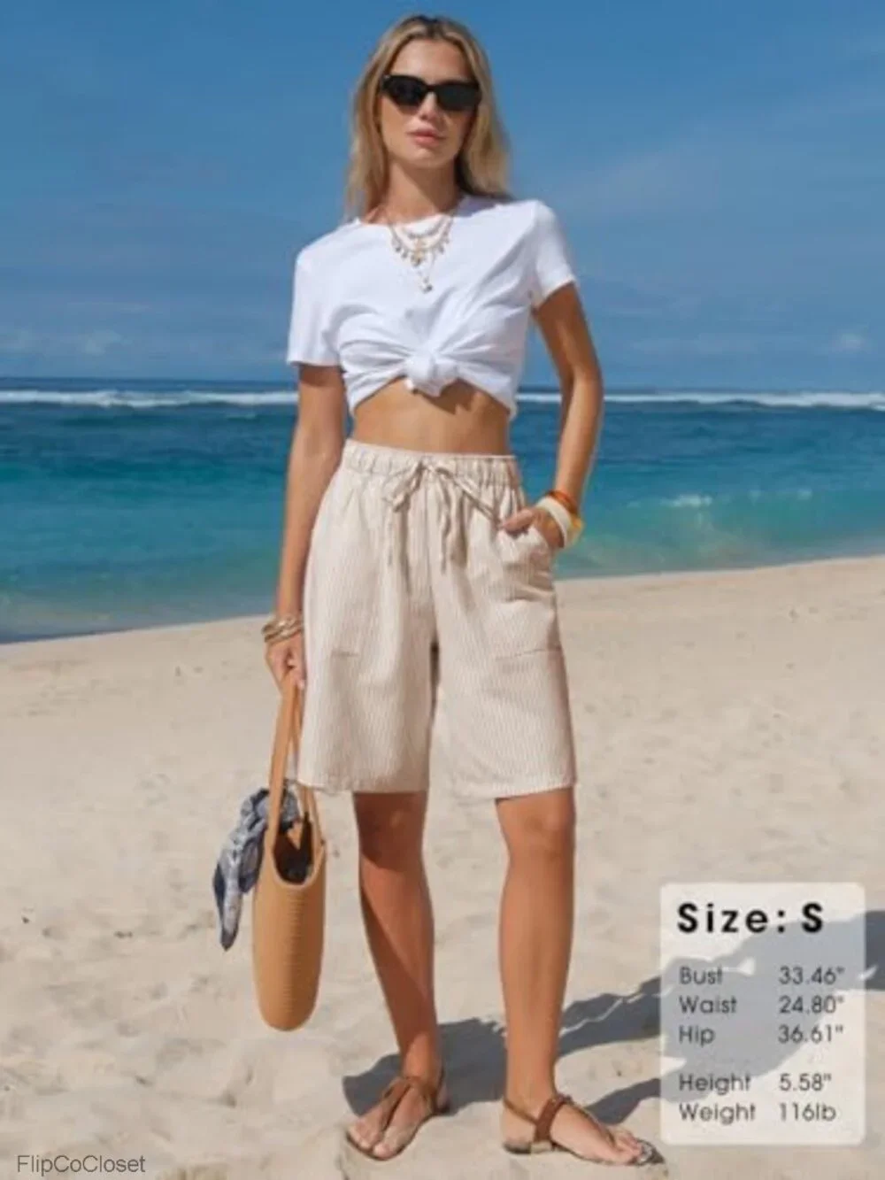 Womens Striped Bermuda Shorts Cotton Linen Drawstring Summer Beach Vacation